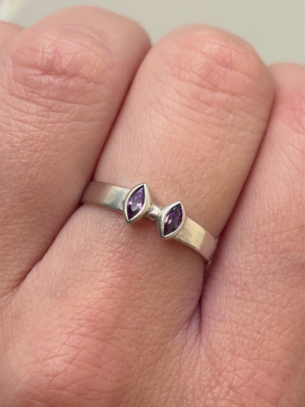 Sterling Silver Vintage Two Stone Marquise Amethyst Gemstone Ring